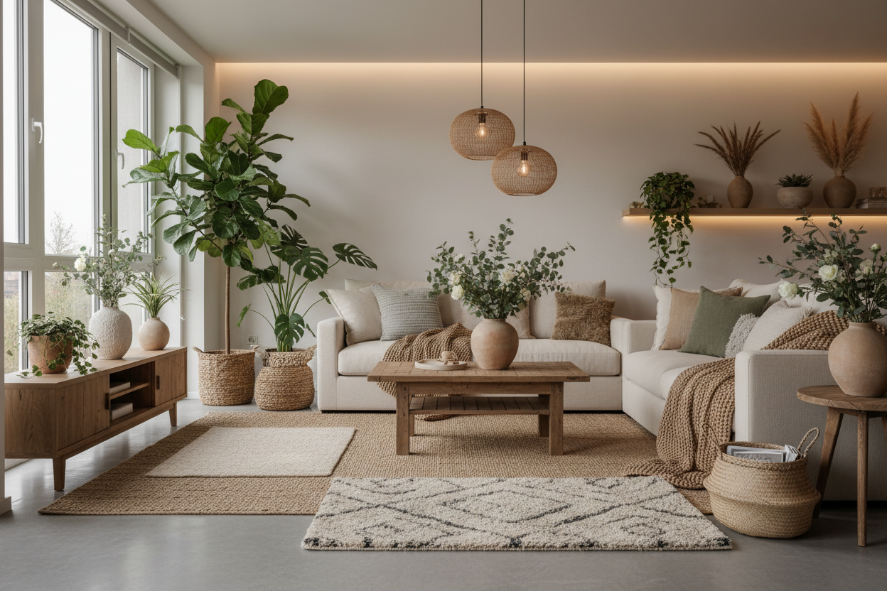 Make the living room feel more natural and lived-in. Add indoor greenery and plants near windows and corners, layered decorative pillows, a soft throw blanket on the sofa, textured area rugs, ceramic flower vases, and warm ceiling or LED ambient lamps. Use soft daylight, warm neutral tones with greens, organic materials, cozy home styling, imperfect real-life arrangement. Photorealistic, soft shadows, natural textures, premium home decor lifestyle, wide banner composition, no people, no text.